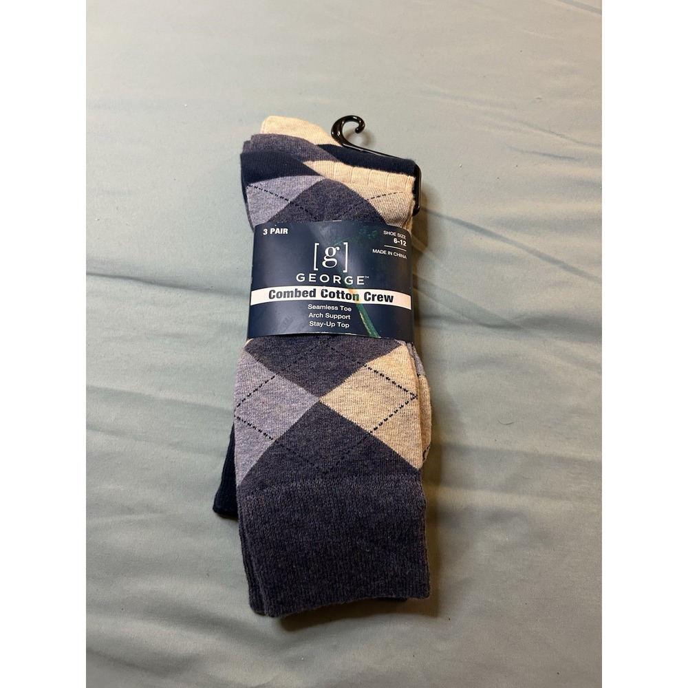 Socks Fun Fashion Crew 3 Pair Mens Shoe Size 6-12 Argyle/Solid/Dot George New @_